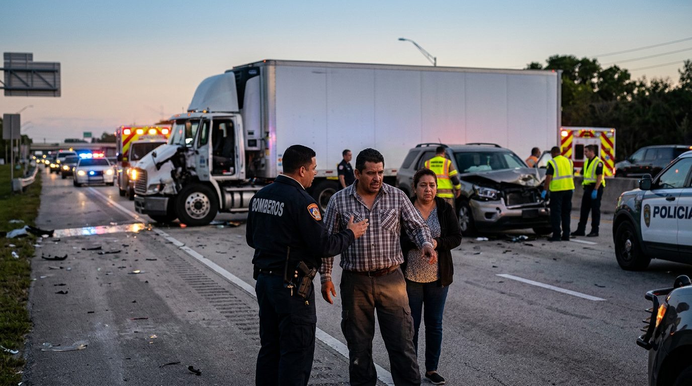 Colisión grave de camión comercial en carretera al atardecer con personas hispanohablantes.