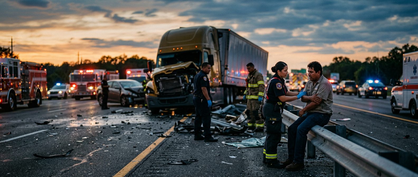 Colisión grave de camión comercial en carretera al atardecer con personas hispanas.