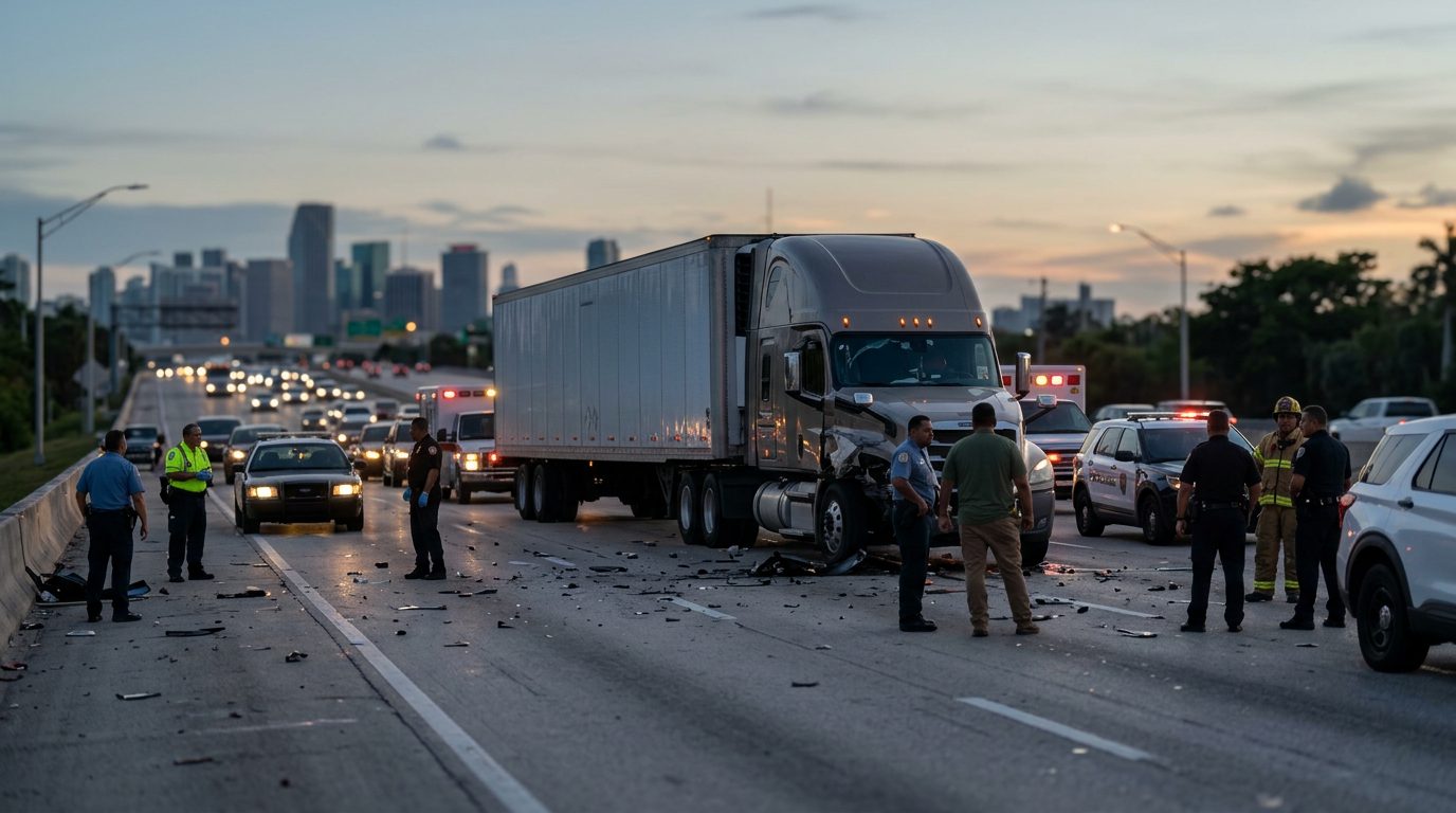 Colisión grave de camión comercial en carretera al atardecer con personas hispanolas.