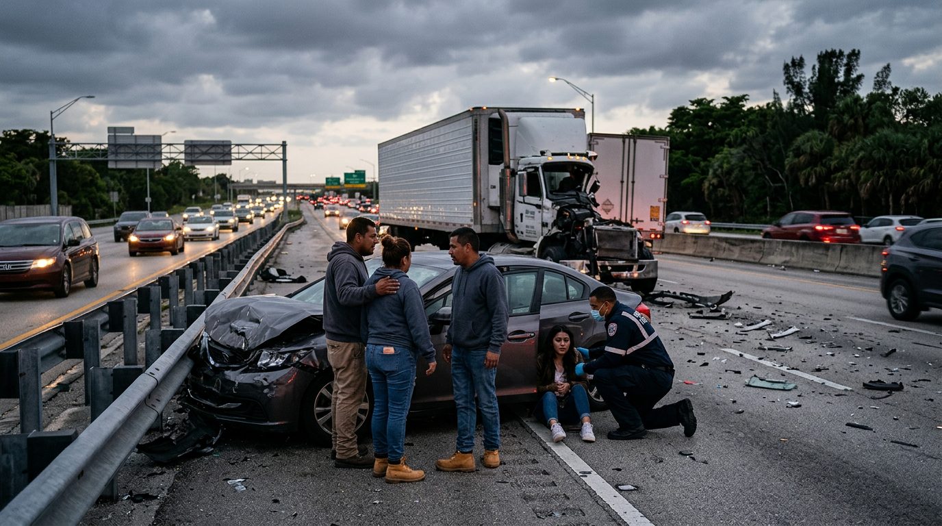 Colisión grave de camión comercial en carretera al atardecer con personas hispanolas.