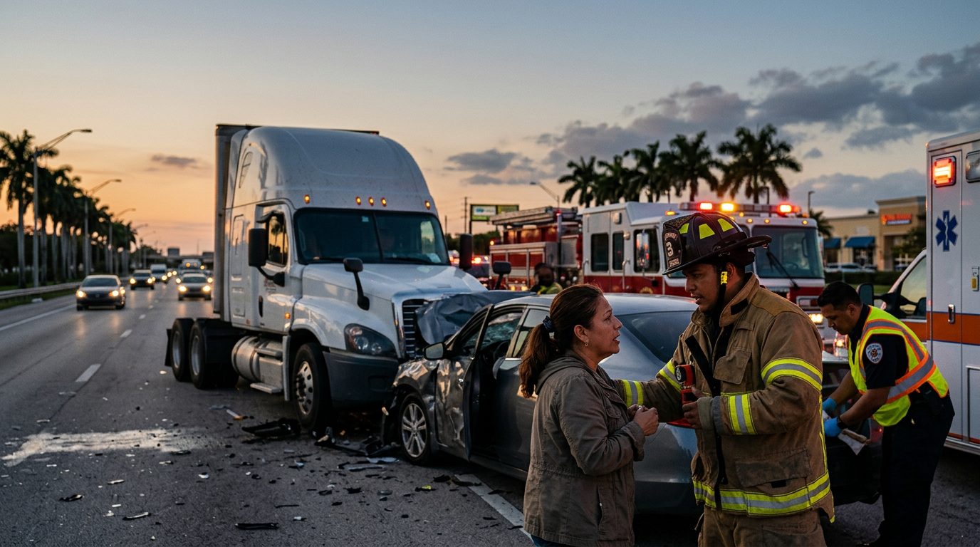 Colisión grave de camión comercial en carretera al atardecer con personas hispanas.