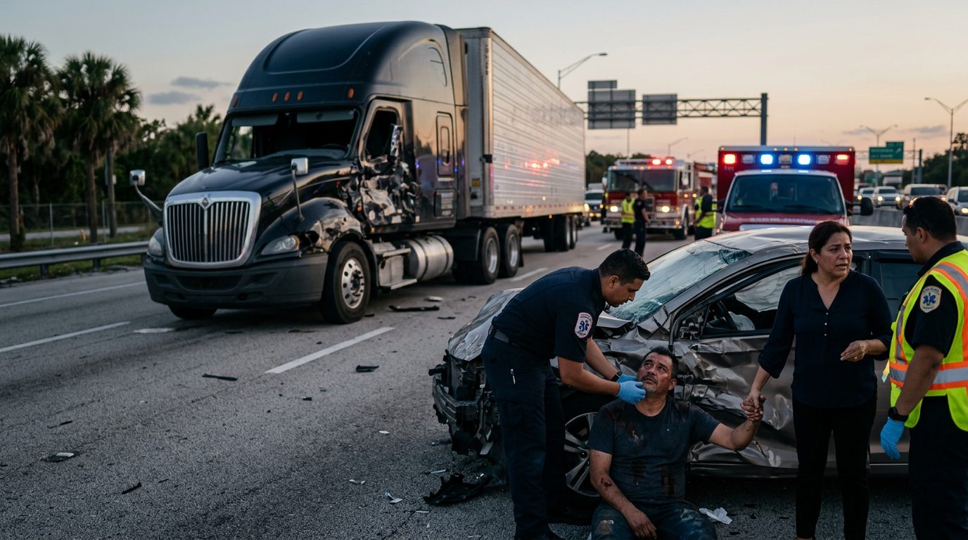 Colisión grave de camión comercial en carretera al atardecer con personas hispanas.