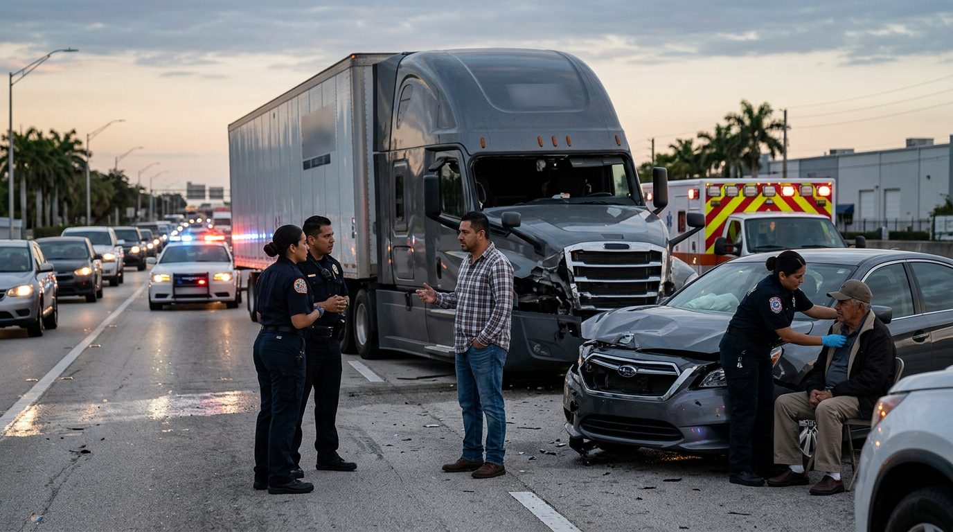 Colisión grave entre camión comercial y vehículos en carretera al atardecer.