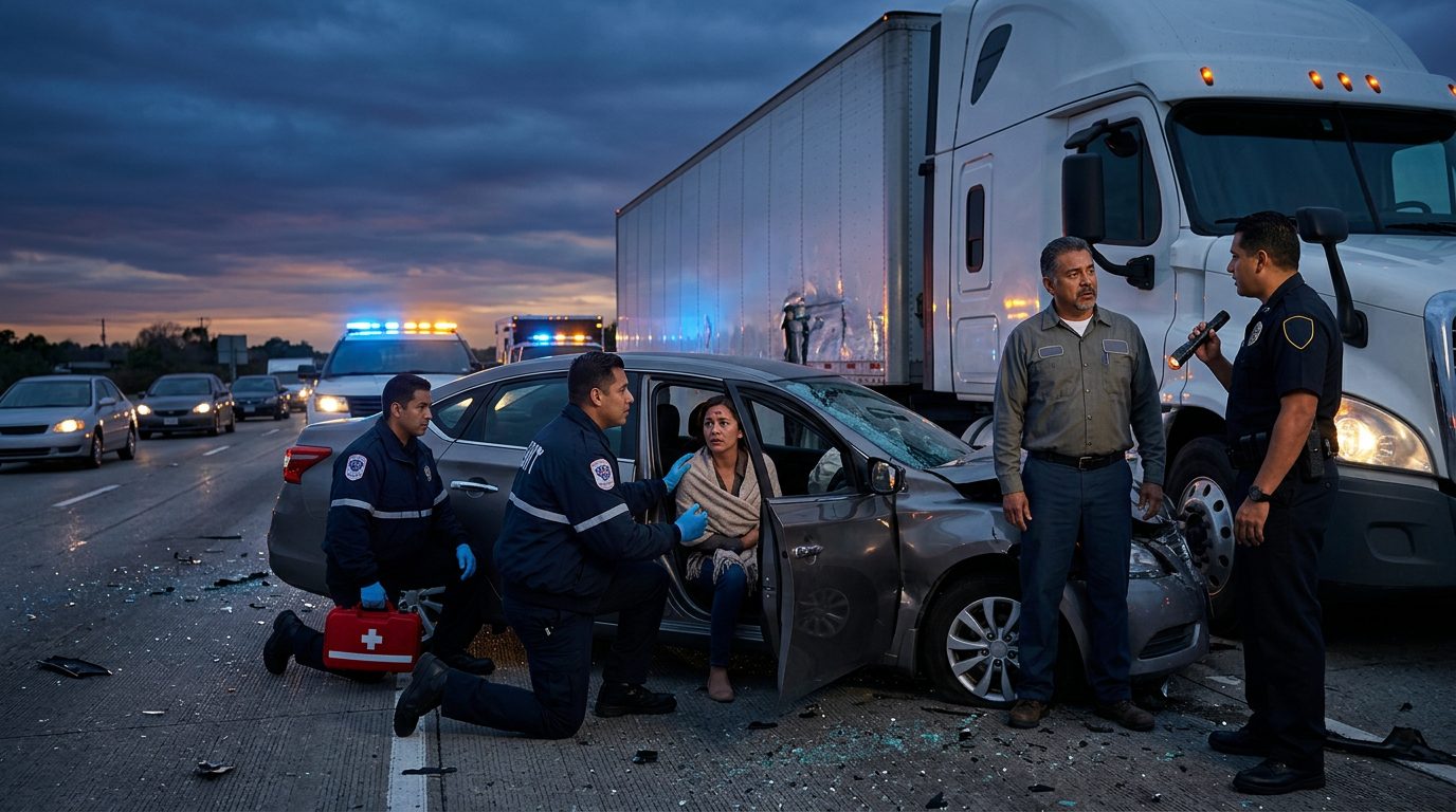 Colisión grave entre camión comercial y vehículos en carretera al atardecer.