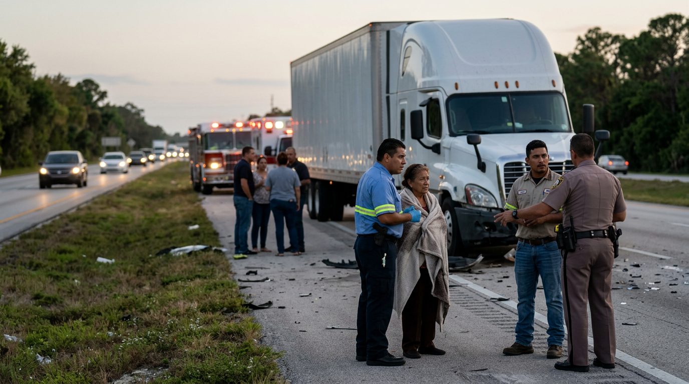 Colisión grave entre camión comercial y vehículos en carretera al atardecer.