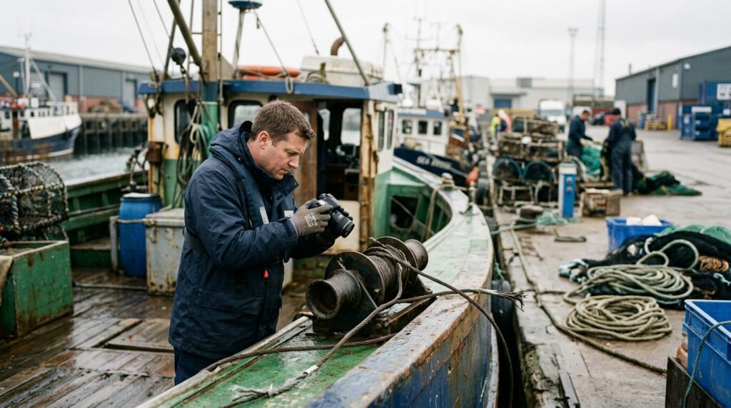 Commercial fishing vessel with failed deck equipment being documented at dock.