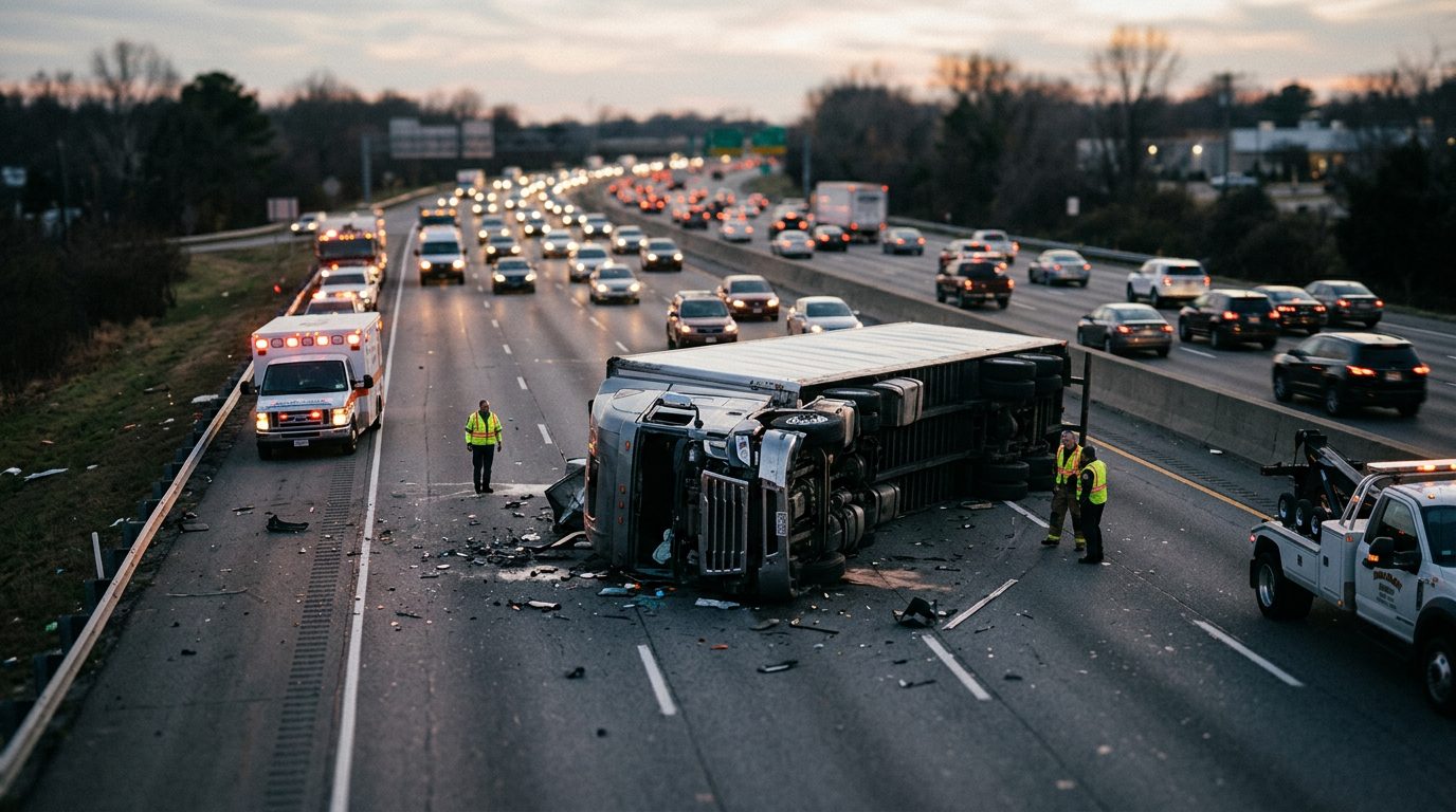 Commercial truck collision wreckage on a highway at dusk.