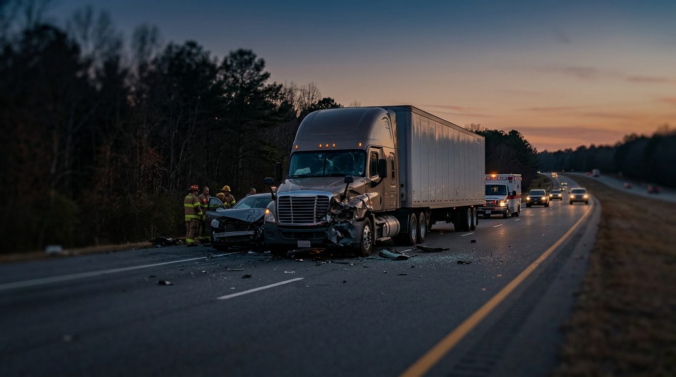 Commercial truck collision wreckage on a highway at dusk.