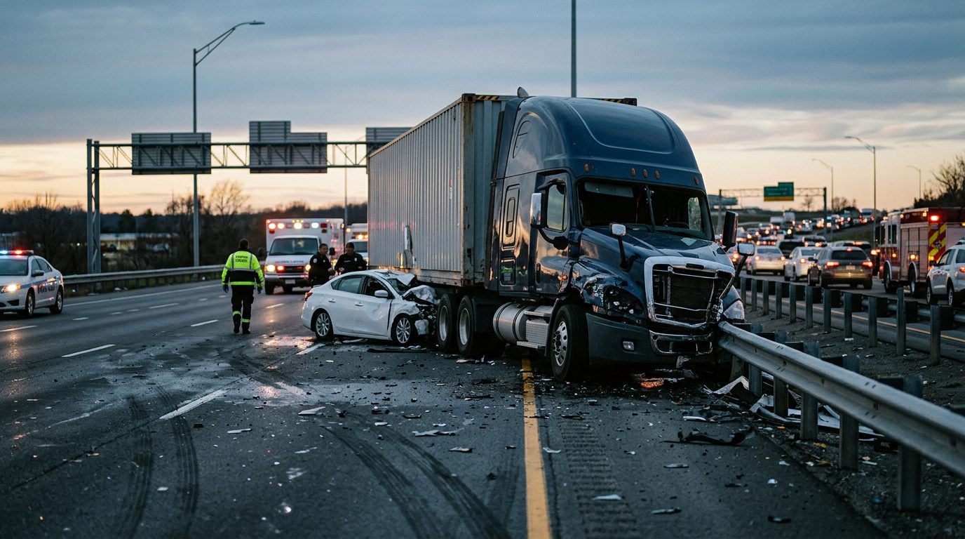 Commercial truck collision wreckage on highway at dusk.