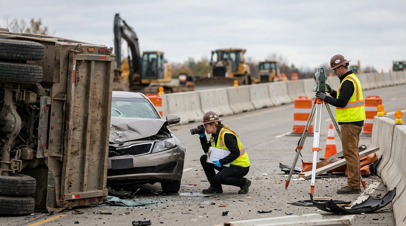 Crash investigators document a construction zone accident scene with heavy equipment and concrete barriers.