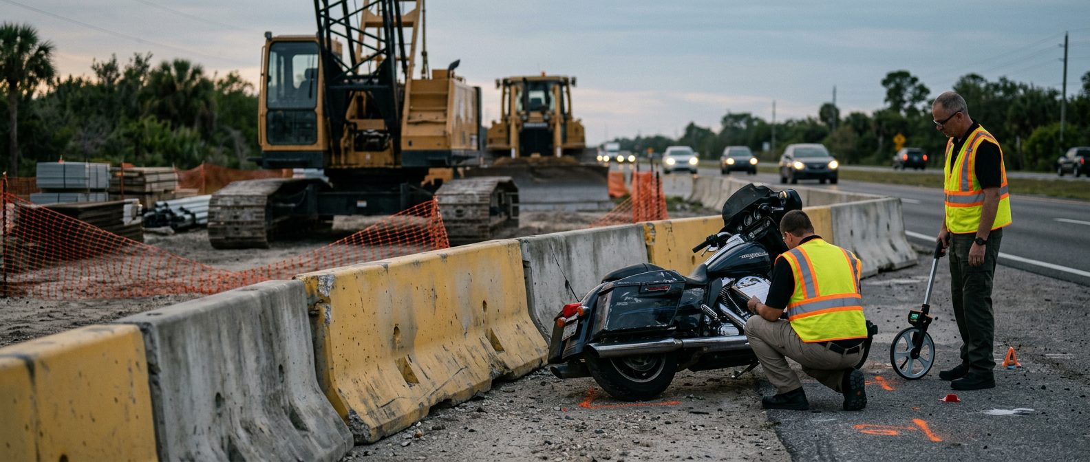 Crash investigators document a motorcycle accident scene with heavy equipment and concrete barriers.