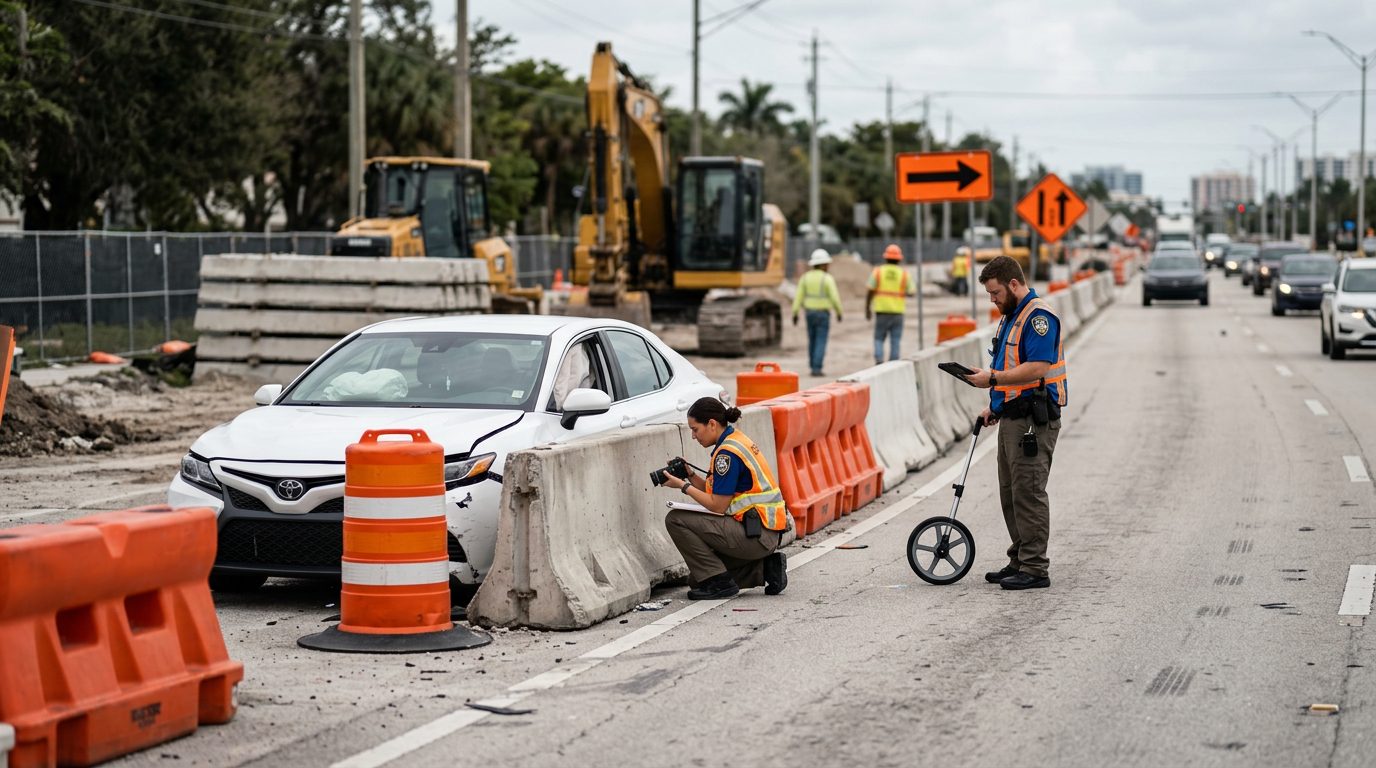 Crash investigators document an accident scene in a construction zone with heavy equipment and barriers.