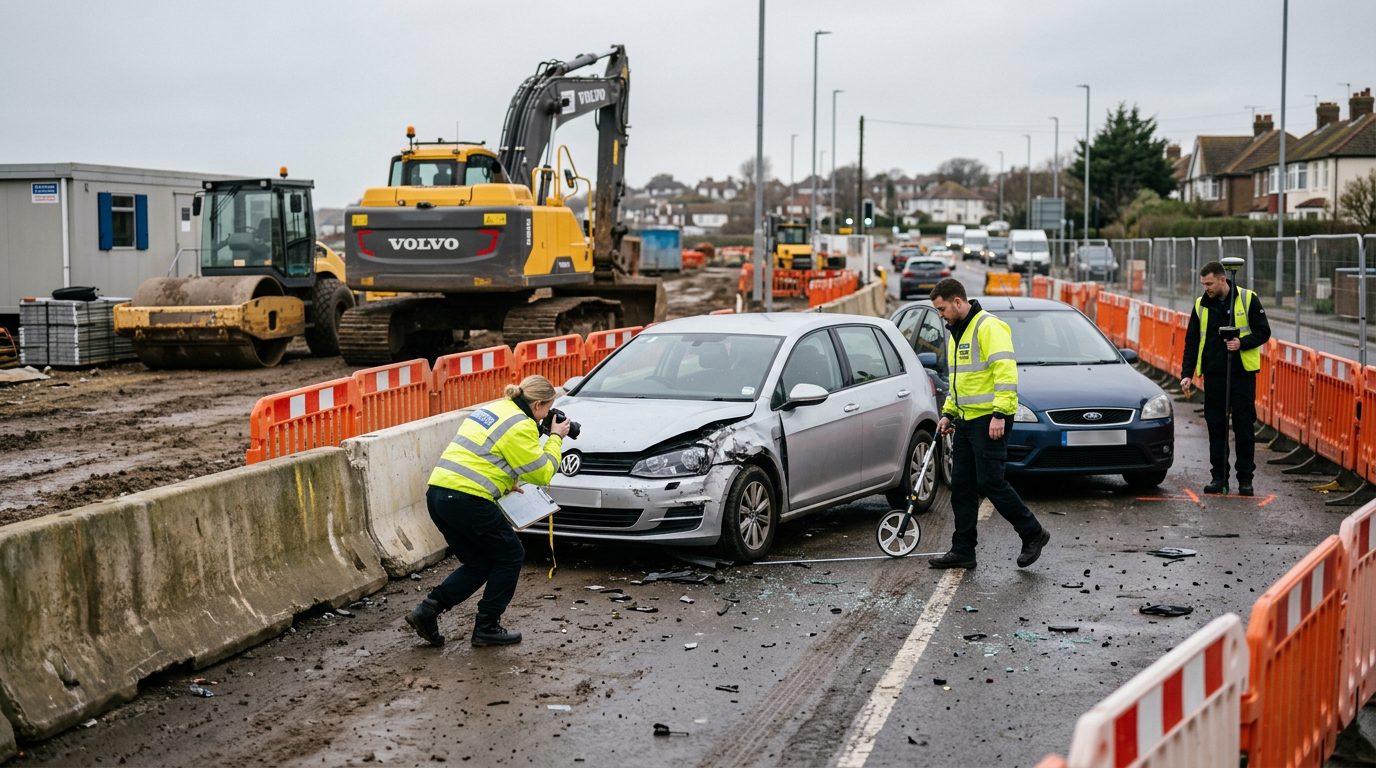 Crash investigators document an accident scene with heavy equipment and concrete barriers.