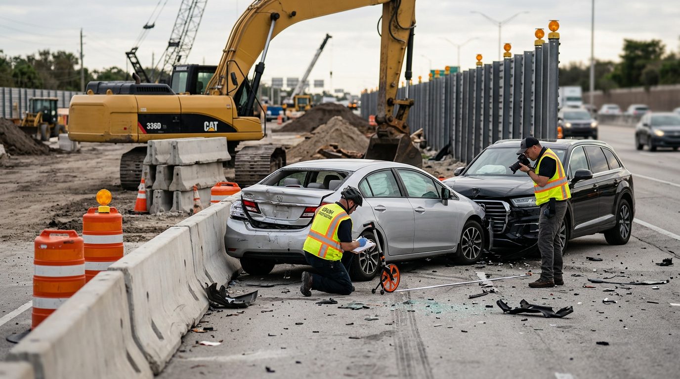 Crash investigators document an accident scene with heavy equipment and concrete barriers.