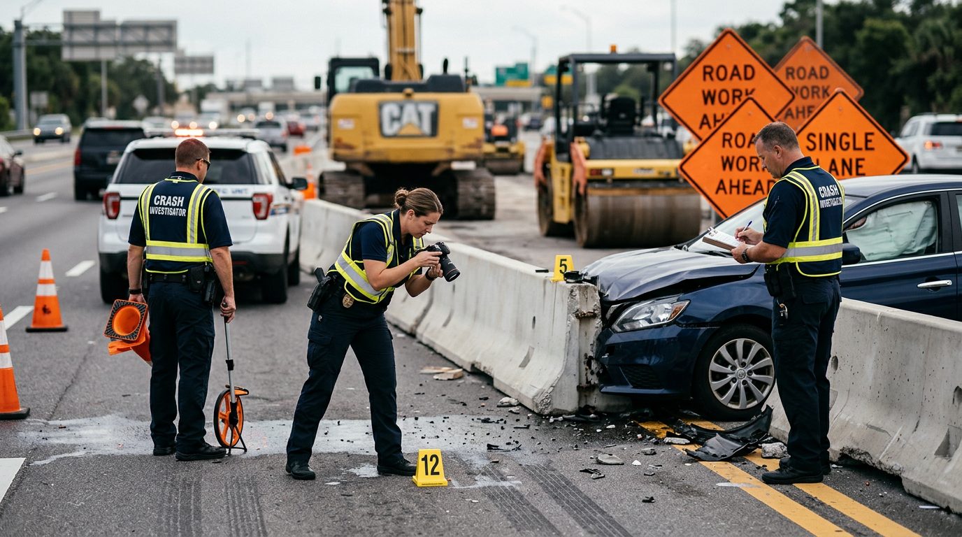 Crash investigators documenting accident scene with heavy equipment and concrete barriers.