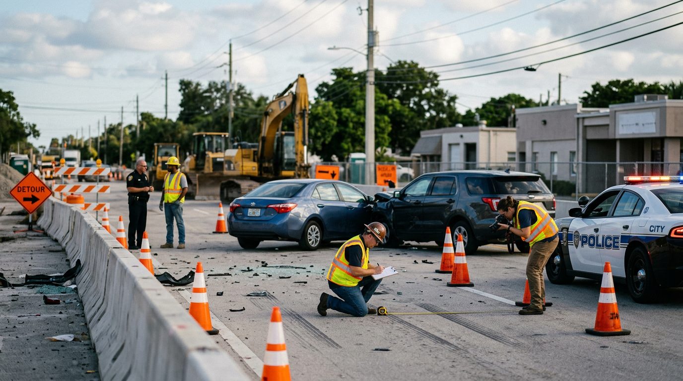 Crash investigators documenting accident scene with heavy equipment and concrete barriers.