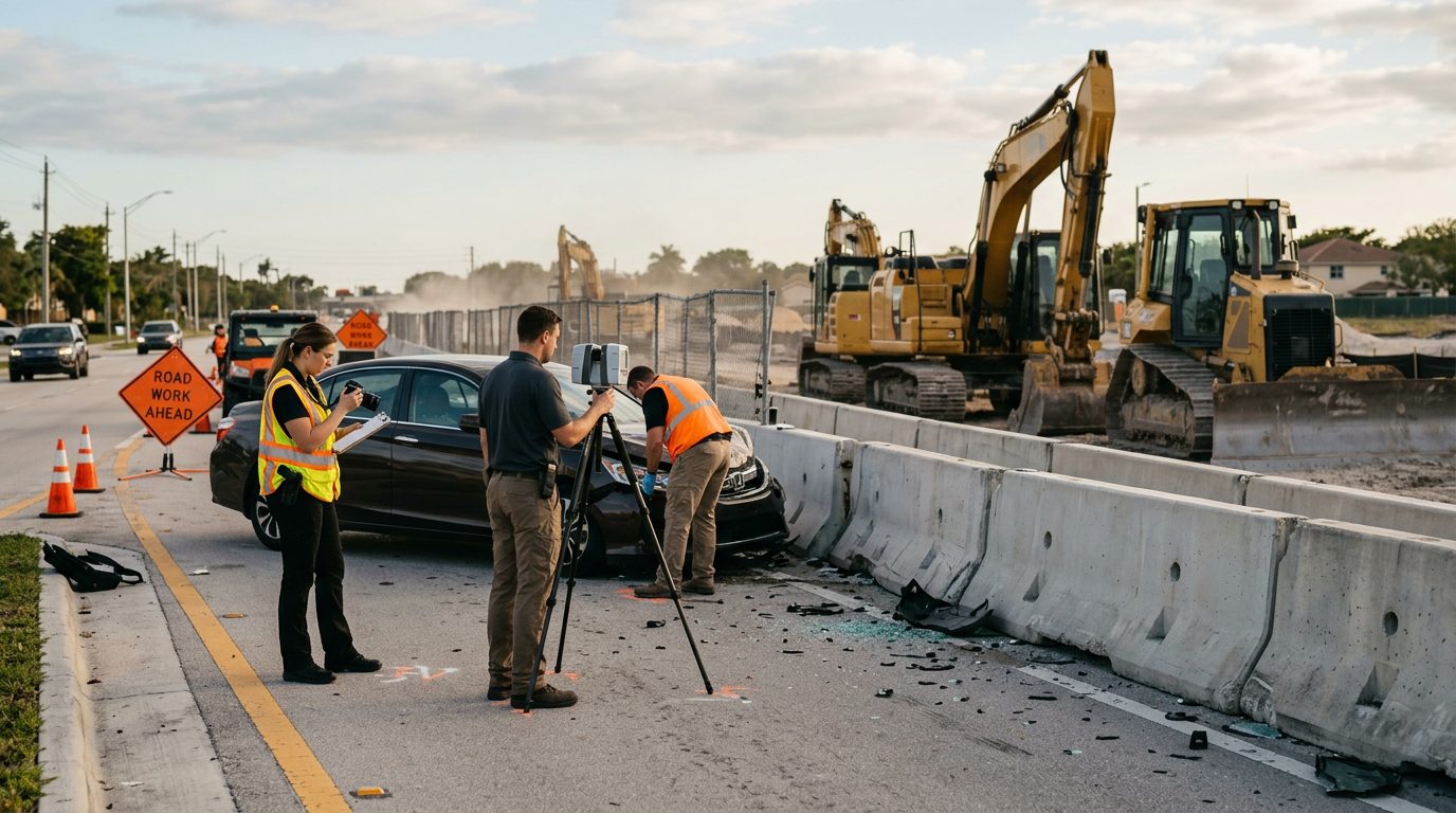 Crash investigators documenting accident scene with heavy equipment and concrete barriers.