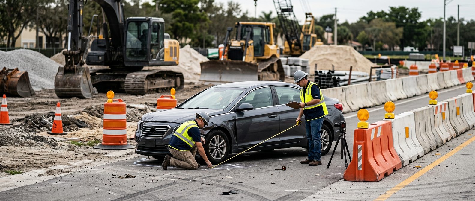 Crash investigators documenting accident scene with heavy equipment and concrete barriers.