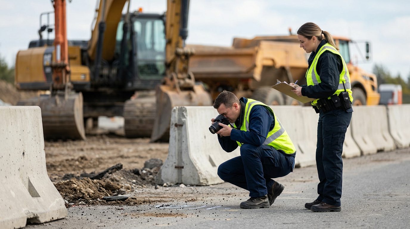 Crash investigators documenting accident scene with heavy equipment and concrete barriers.