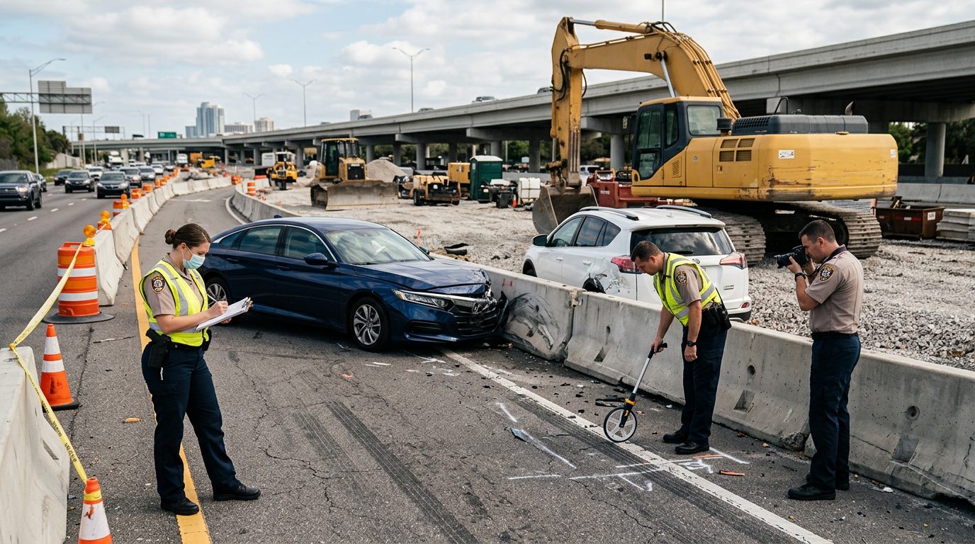 Crash investigators documenting accident scene with heavy equipment and concrete barriers.