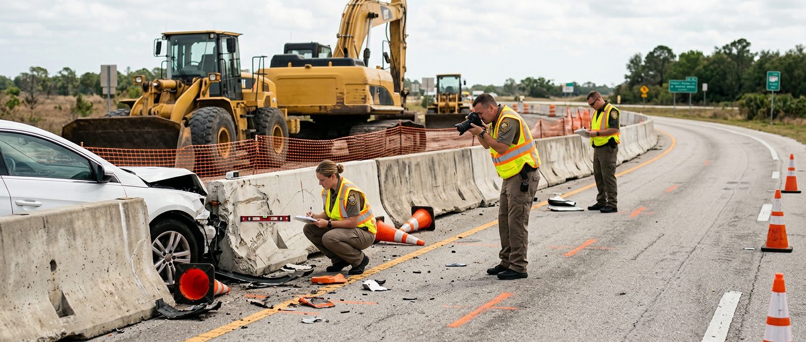Crash investigators documenting an accident scene in a construction zone with heavy equipment and barriers.