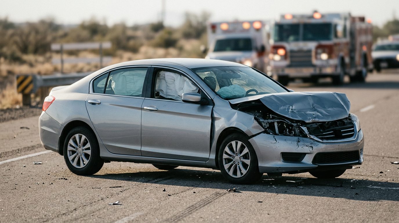 Damaged car with deployed airbags after a serious collision.