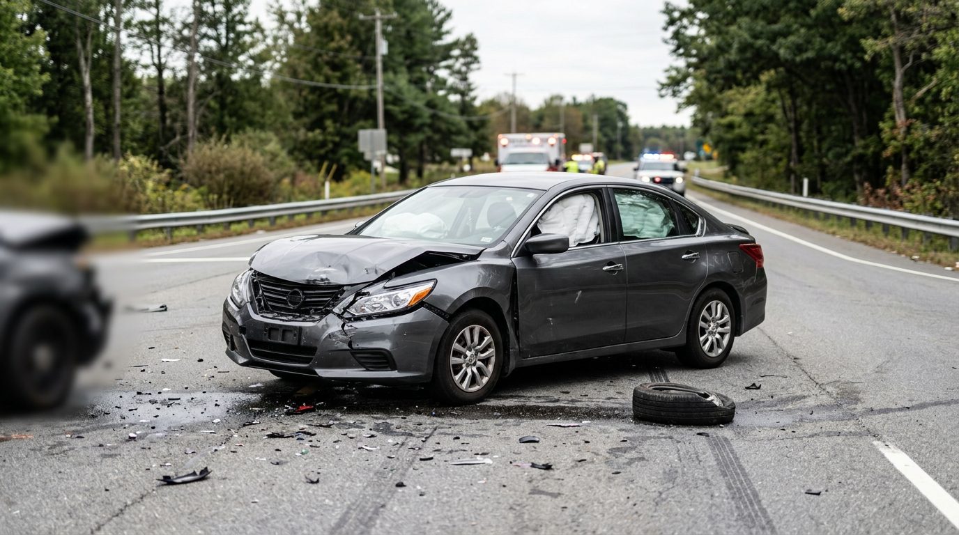 Damaged car with deployed airbags after a serious collision.