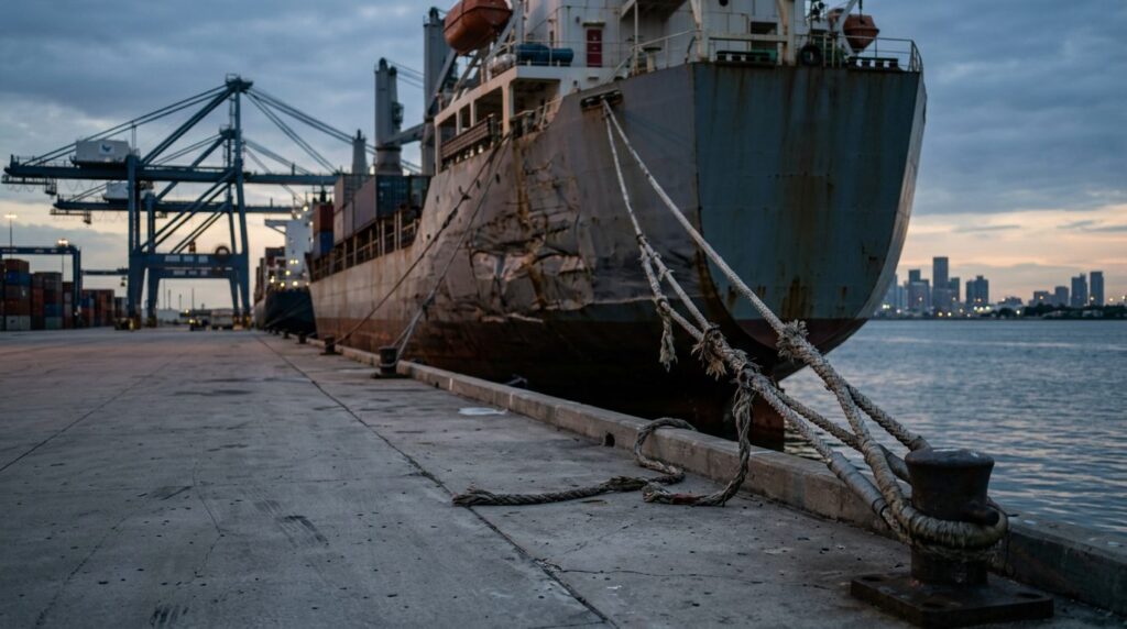 Damaged cargo ship with broken mooring lines at harbor after maritime incident.