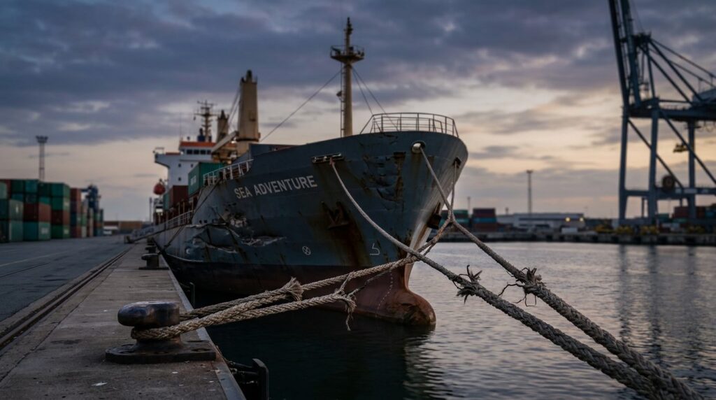 Damaged cargo ship with broken mooring lines at harbor after maritime incident.