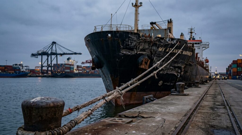 Damaged cargo ship with broken mooring lines at harbor after maritime incident.