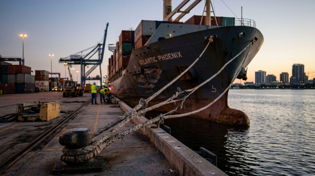 Damaged cargo ship with broken mooring lines at harbor terminal after maritime incident.