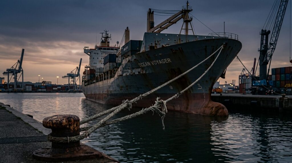 Damaged cargo ship with broken mooring lines at harbor terminal after maritime incident.