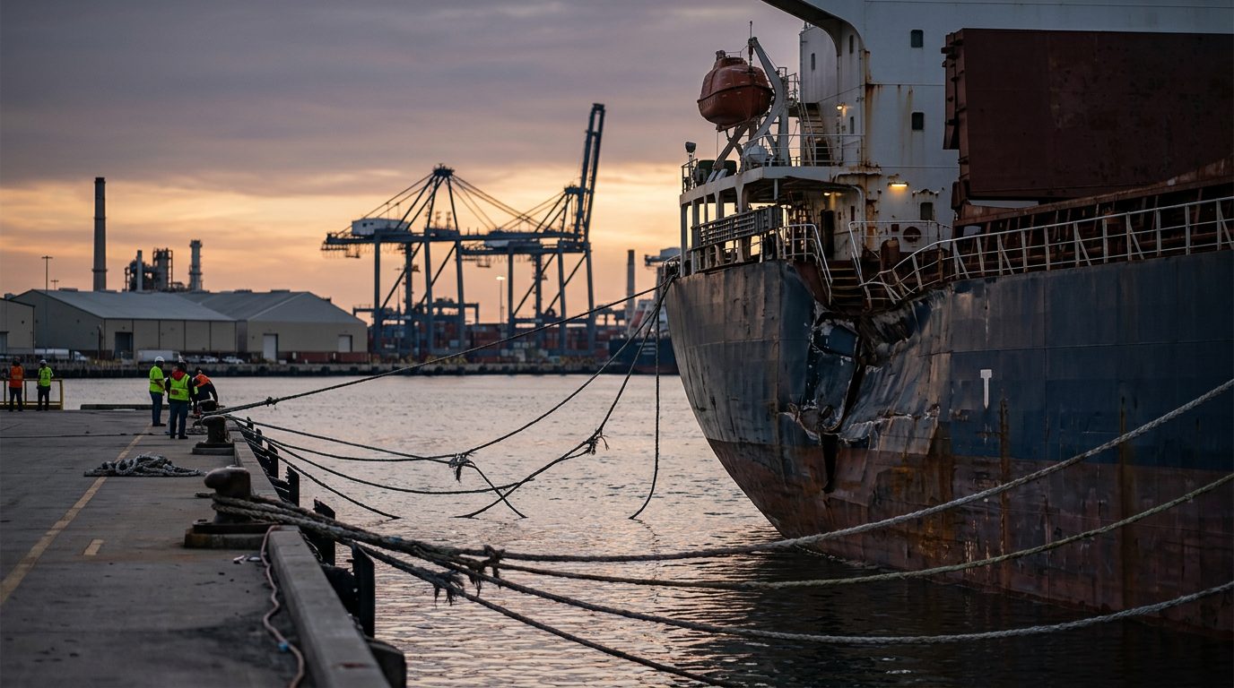 Damaged cargo ship with broken mooring lines at harbor terminal after maritime incident.
