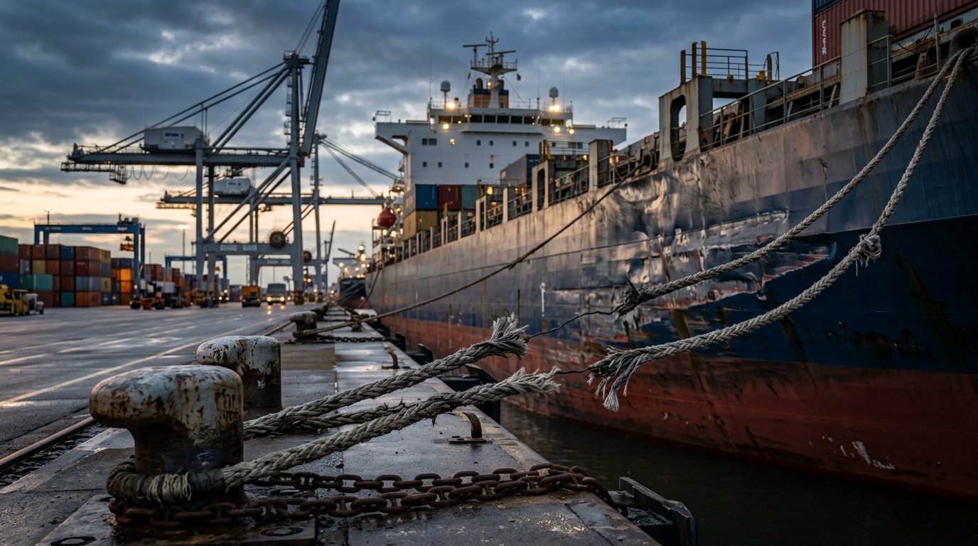 Damaged cargo ship with cracked mooring lines at harbor after maritime incident.