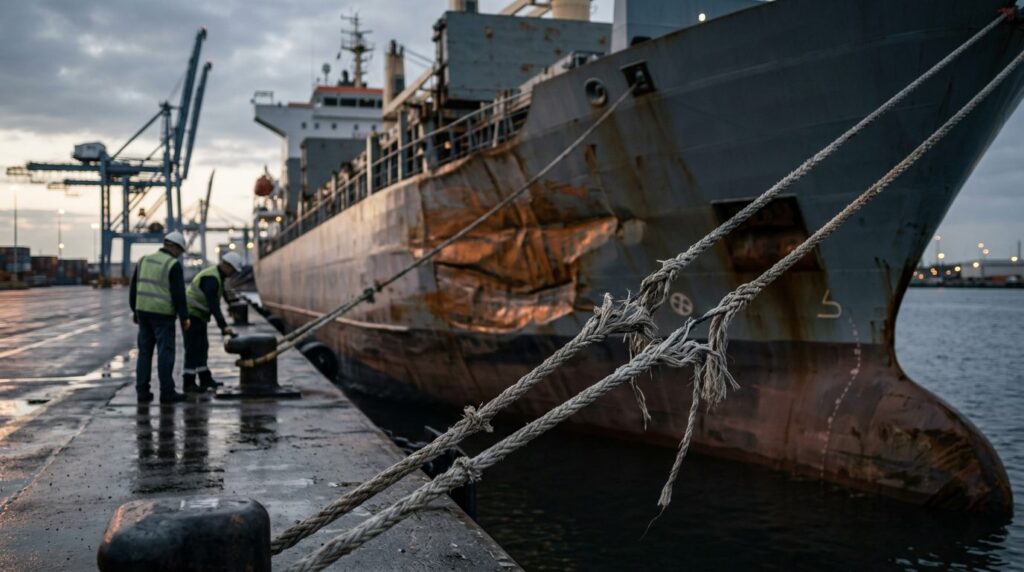 Damaged cargo ship with cracked mooring lines at harbor after maritime incident.