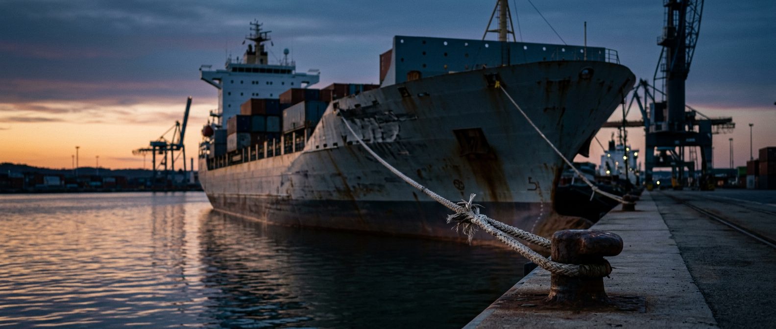 Damaged cargo ship with cracked mooring lines at harbor after maritime incident.