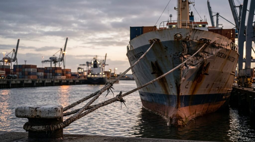 Damaged cargo ship with cracked mooring lines at harbor terminal after maritime incident.