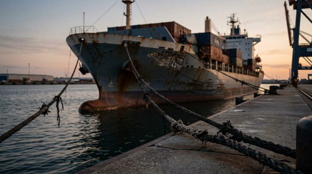 Damaged cargo ship with cracked mooring lines at harbor terminal after maritime incident.