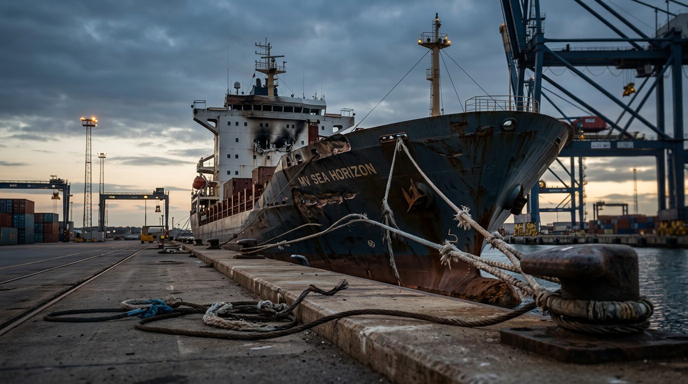 Damaged cargo ship with cracked mooring lines at harbor terminal after maritime incident.