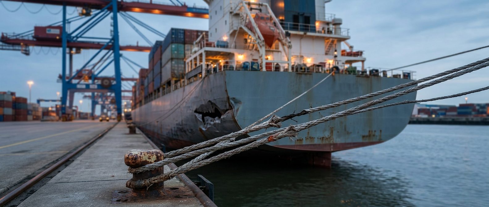 Damaged cargo ship with cracked mooring lines at harbor terminal after maritime incident.