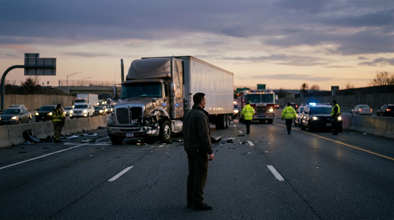 Damaged commercial truck on highway after collision at dusk.
