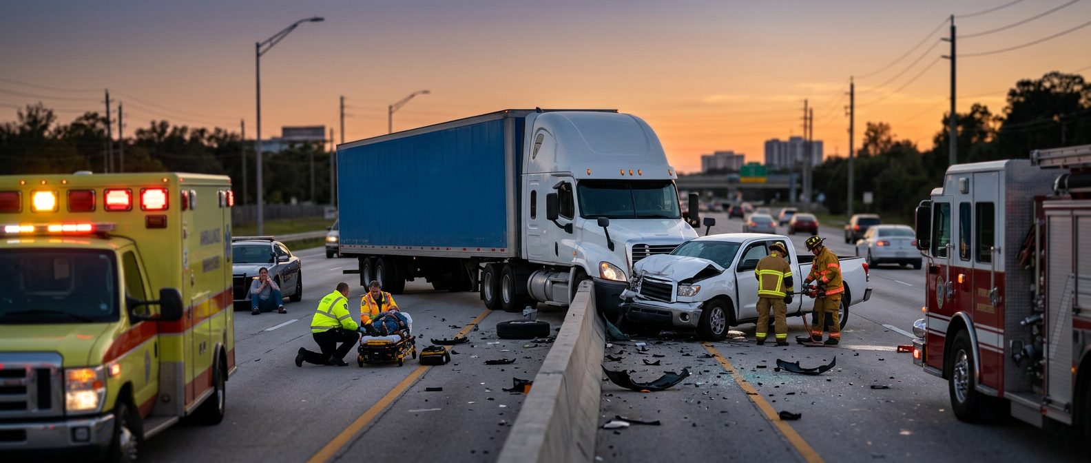 Damaged commercial truck on highway after collision at dusk.