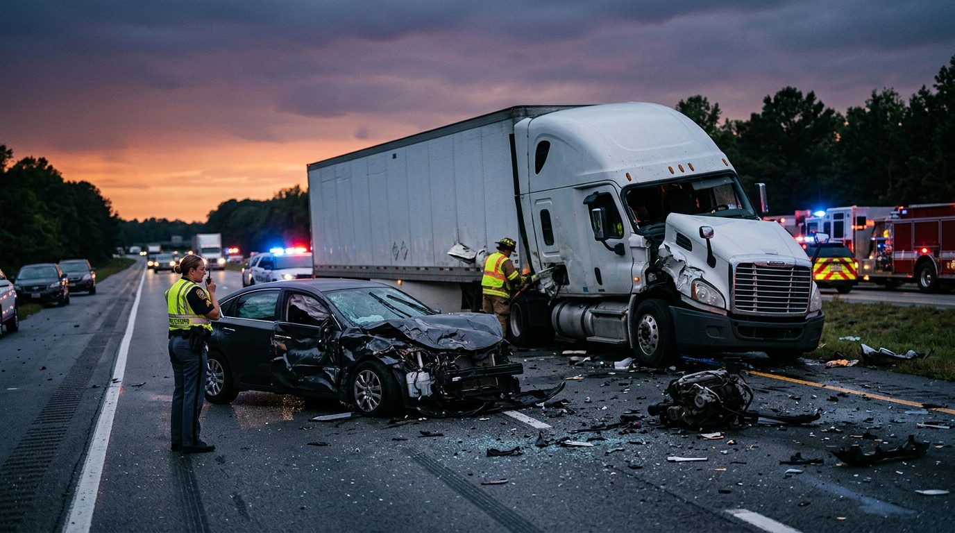 Damaged commercial truck on highway after collision at dusk.
