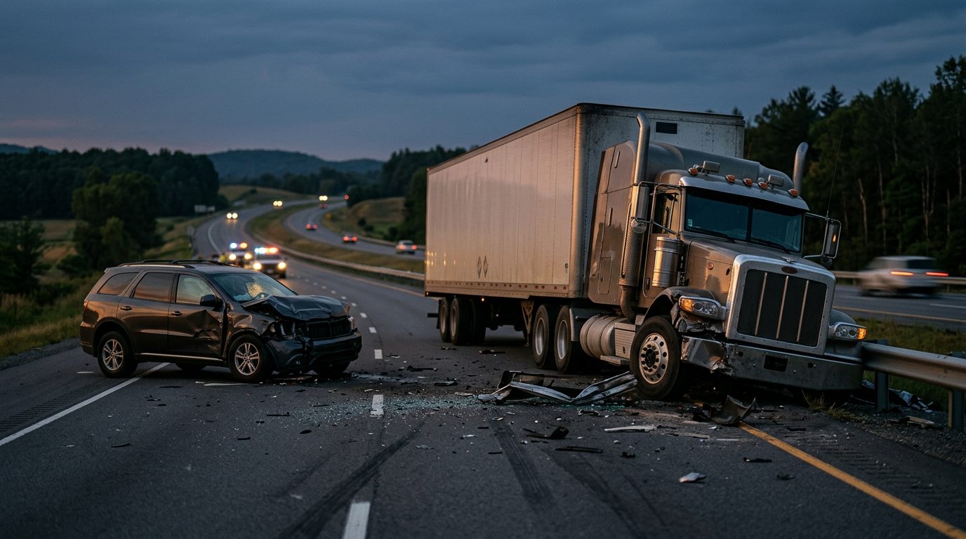 Damaged commercial truck on highway after collision at dusk.