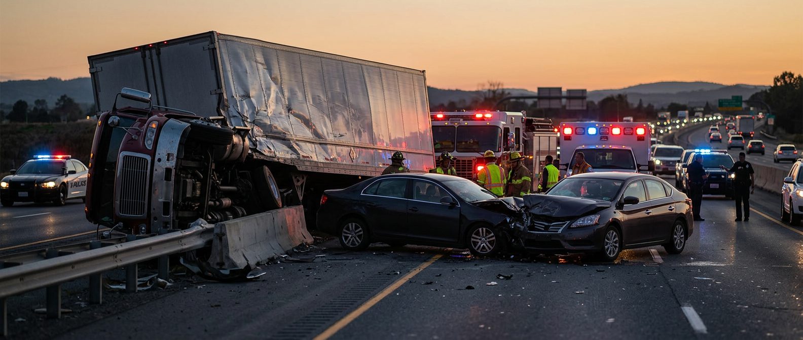 Damaged commercial truck on highway after collision at dusk.
