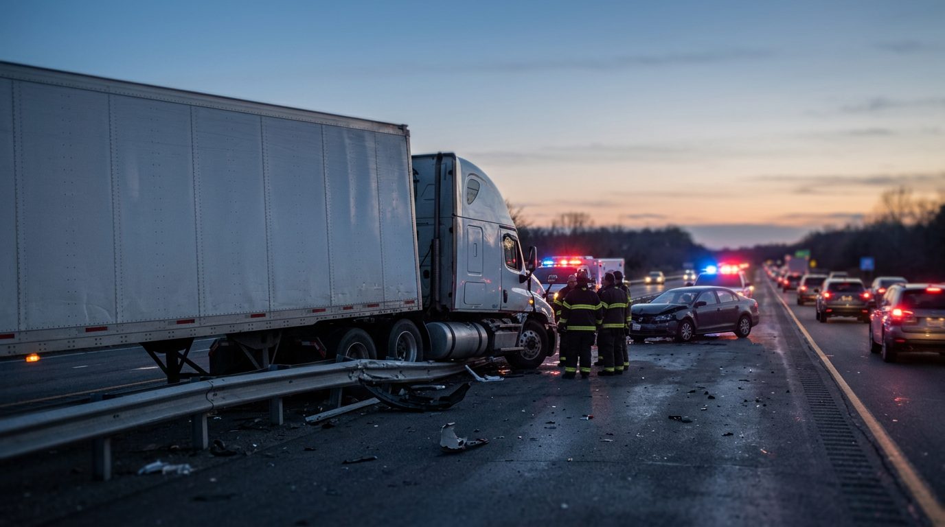 Damaged commercial truck on highway after collision at dusk.