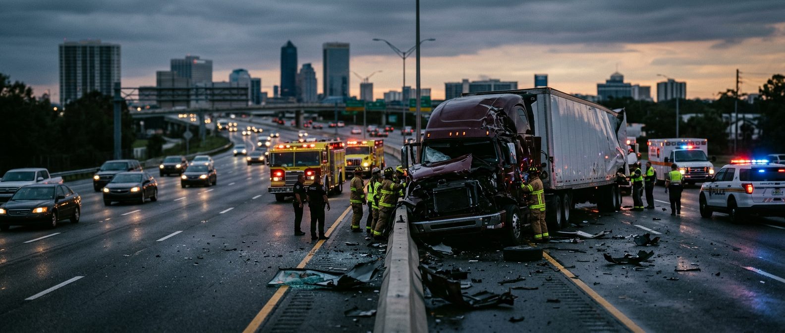 Damaged commercial truck on highway after collision at dusk.