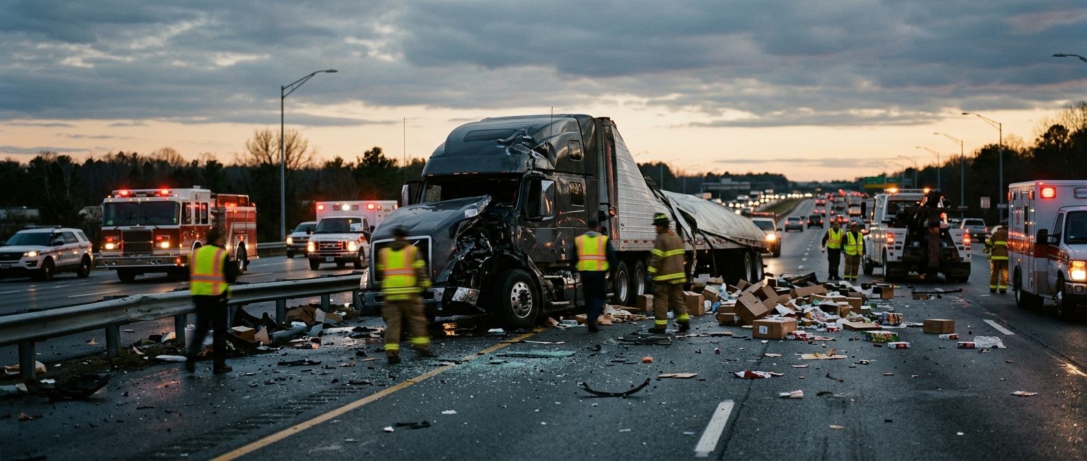 Damaged commercial truck on highway after collision at dusk.