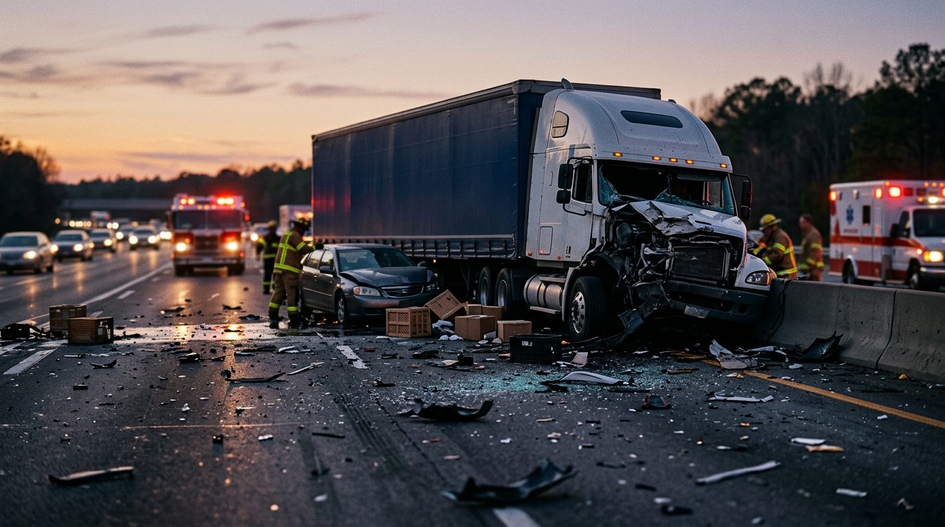 Damaged commercial truck on highway after collision at dusk.