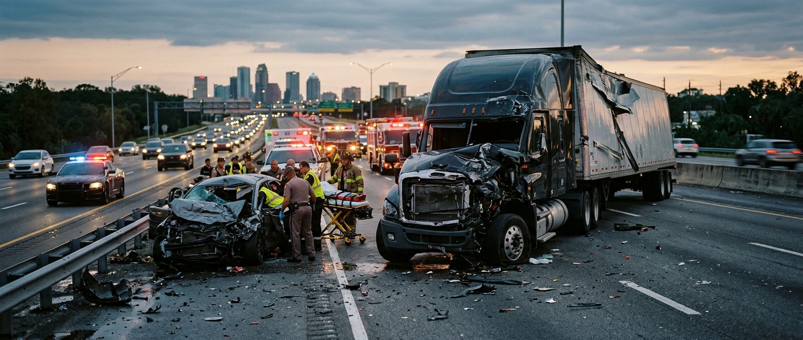 Damaged commercial truck on highway at dusk after collision.
